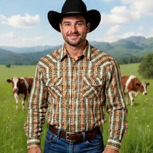 2XL👔Levi's Western Brown&Orange&Tan Plaid Button Down Shirt